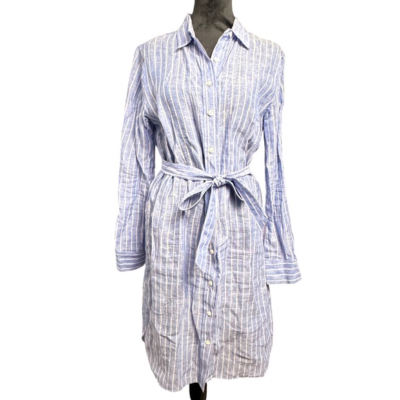 Ann Taylor Linen Striped Shirt Dress Medium Blue White Belted Coastal Preppy - Picture 2 of 11